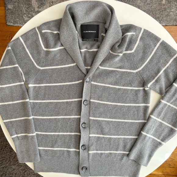 Club Monaco Men’s Ribbed Striped Shawl Cardigan Sweater Medium Cotton Cashmere - Picture 2 of 9